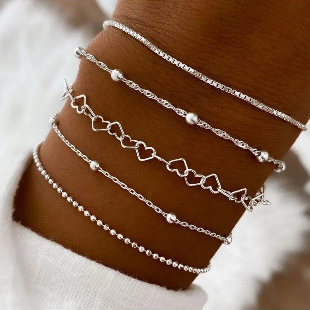 New 5Pcs/Set Gold Color Elegant Love Bangle Retro Multilayer Bracelets Set For Women Female Fashion 2024 Trendy Jewelry Gift