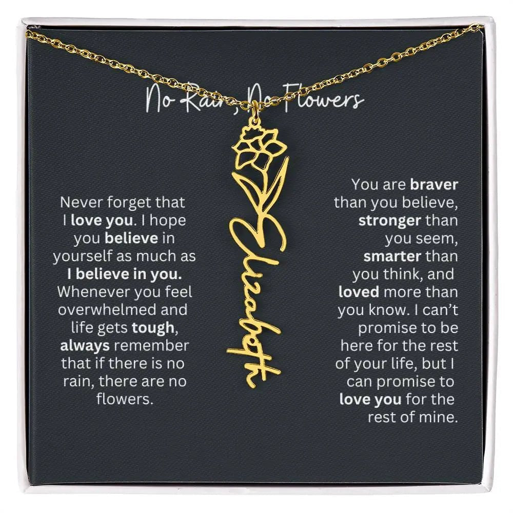 No Rain No Flowers Birth Necklace - Personalized Name Jewelry