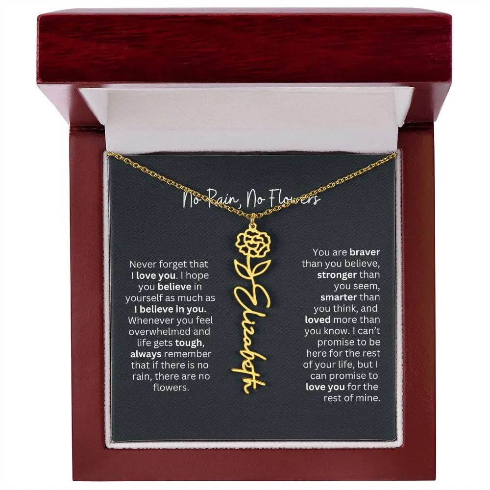 No Rain No Flowers Birth Necklace - Personalized Name Jewelry