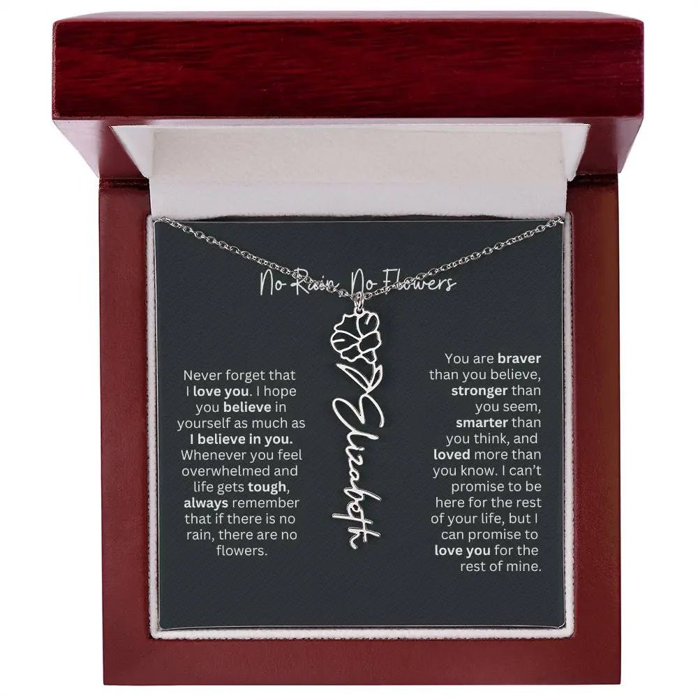 No Rain No Flowers Birth Necklace - Personalized Name Jewelry
