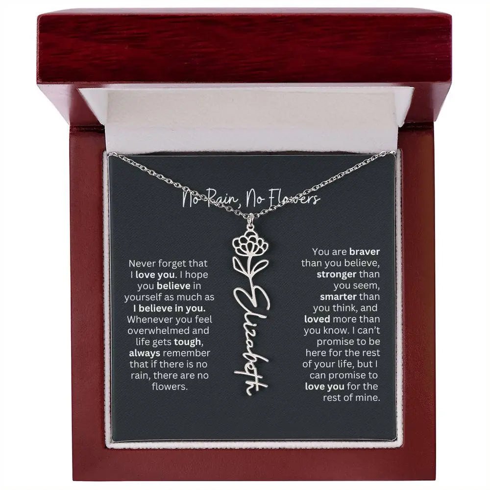 No Rain No Flowers Birth Necklace - Personalized Name Jewelry